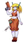  1girl android ankle_boots belt blonde_hair boots commentary curly_brace doukutsu_monogatari full_body gun handgun long_hair midriff navel parody robert_porter robot_ears robot_joints rockman rockman_dash shorts small_breasts solo style_parody weapon white_skin 