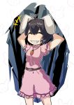  1girl animal_ears arms_behind_head bamboo black_hair carrot carrot_necklace closed_eyes dress grin hashiro inaba_tewi rabbit rabbit_ears short_hair smile solo touhou 