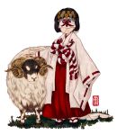  artist_name grass hakama japanese_clothes miko new_year omoto original sandals sheep simple_background smile standing tabi veil white_background zouri 
