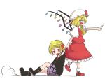  2girls :d ^_^ ankle_boots ascot blonde_hair bobby_socks boots closed_eyes cosplay cosplay_request d: dragging flandre_scarlet jagabutter long_skirt mary_janes mob_cap multiple_girls necktie open_mouth plaid_shorts pointing puffy_short_sleeves puffy_sleeves red_eyes red_shoes rumia shoes short_hair short_sleeves shorts skirt slit_pupils smile socks suit_jacket sweatdrop touhou vest wings 