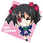  &gt;_o 1girl ;d \m/ black_hair character_name chibi double_\m/ grin looking_at_viewer love_live!_school_idol_project noai_nioshi one_eye_closed open_mouth plaid plaid_skirt pleated_skirt red_eyes school_uniform skirt smile solo twintails yazawa_nico 