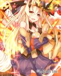  1girl :d bare_shoulders blonde_hair blush breasts cleavage detached_sleeves falkyrie_no_monshou gingerbread_man long_hair looking_at_viewer official_art open_mouth orange_eyes orange_legwear sitting smile solo takanashie thigh-highs very_long_hair 