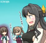  3girls aqua_background aura black_hair blush bow breast_envy brown_eyes brown_hair cosplay costume_switch dark_aura dated double_bun fang hair_bow hamu_koutarou kantai_collection michishio_(kantai_collection) michishio_(kantai_collection)_(cosplay) multicolored_hair multiple_girls naganami_(kantai_collection) naganami_(kantai_collection)_(cosplay) short_hair sweatdrop taihou_(kantai_collection) taihou_(kantai_collection)_(cosplay) translation_request two-tone_hair 