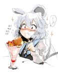  1girl animal_ears between_legs blush cream_on_face eating grey_hair harusame_(unmei_no_ikasumi) mouse_ears mouse_tail nazrin parfait red_eyes ribbon solo sparkle tail tail_between_legs tail_ribbon tail_wagging touhou 