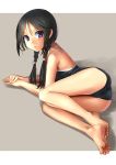  1girl ass barefoot black_hair blue_eyes braid derivative_work feet katahira_masashi looking_at_viewer lying on_side one-piece_swimsuit original school_swimsuit soles solo swimsuit toes twin_braids 
