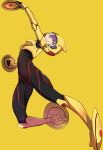  1girl absurdres arched_back big_hero_6 black_hair bodysuit breastplate breasts brown_eyes covered_navel gogo_tomago helmet highlights highres makai multicolored_hair neon_trim power_suit purple_hair quadruple_wielding shield short_hair smile solo yellow_background 