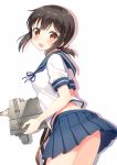  1girl ass black_hair blush brown_eyes fubuki_(kantai_collection) holding hyuuga_azuri kantai_collection looking_at_viewer machinery open_mouth pleated_skirt ponytail school_uniform serafuku skirt solo sweat turret 