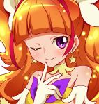 1girl amanogawa_kirara bare_shoulders blush cure_twinkle earrings gloves go!_princess_precure highres jewelry long_hair magical_girl multicolored_hair orange_hair precure quad_tails redhead sharumon smile solo star star_earrings streaked_hair twintails two-tone_hair violet_eyes 