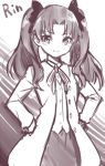  1girl character_name fate/stay_night fate_(series) hands_on_hips kase_daiki looking_at_viewer monochrome sketch smile solo toosaka_rin twintails 