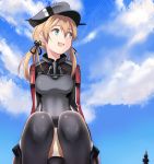  1girl anchor_hair_ornament aqua_eyes black_legwear black_skirt blonde_hair blue_sky clouds cloudy_sky eko hat kantai_collection looking_up military military_uniform panties pantyshot pantyshot_(sitting) peaked_cap pleated_skirt prinz_eugen_(kantai_collection) sitting skirt sky solo thigh-highs twintails underwear uniform white_panties 