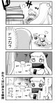  3girls 4koma aircraft_carrier_oni book comic covered_mouth dress horns kantai_collection long_hair midway_hime mittens monochrome multiple_girls northern_ocean_hime shinkaisei-kan suzune_kotora sweat translation_request 