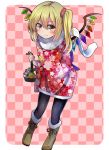  1girl alternate_costume black_legwear blonde_hair boots brown_boots checkered checkered_background flandre_scarlet fur_boots japanese_clothes looking_at_viewer pantyhose red_eyes scarf short_hair side_ponytail smile solo touhou wings zuma 