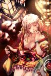  1girl alcohol bracelet breasts cherry cleavage food fruit inugami_mokekiyo japanese_clothes jewelry off_shoulder original pink_hair raccoon solo tongue tongue_out twintails yellow_eyes 