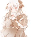  1girl coat happy_new_year hiro_(hirohiro31) horns long_hair looking_at_viewer new_year open_mouth original red_eyes sheep_horns solo white_hair winter_clothes winter_coat 
