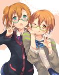  2girls :q ;q aqua-framed_glasses aqua_eyes bespectacled blush cardigan chestnut_mouth glasses green-framed_glasses hoshizora_rin kousaka_honoka looking_at_viewer love_live!_school_idol_project miseinen multiple_girls one_eye_closed open_cardigan open_clothes open_mouth orange_hair school_uniform semi-rimless_glasses short_hair side_ponytail sweater tongue tongue_out under-rim_glasses v yellow_eyes 