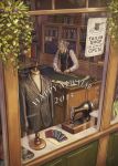  1boy 2015 anbe_yoshirou english facial_hair glasses grey_hair happy_new_year jacket lamp male_focus necktie new_year old_man original scissors sewing_machine sketching solo tailor vest wallet window 