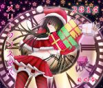  1girl 2014 artist_name bell black_hair blush box christmas clock date_a_live gift gift_box hat heterochromia jingle_bell kurenai_no_shizuku long_hair looking_at_viewer low_twintails merry_christmas midriff navel red_eyes santa_costume santa_hat smile solo star tokisaki_kurumi twintails yellow_eyes 