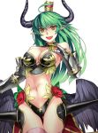  1girl :d absurdres armor asmodeus_(shinrabanshou) bare_shoulders black_wings breasts cleavage demon_horns flower gauntlets green_hair highres horns long_hair looking_at_viewer low_wings navel open_mouth pointy_ears rose sensei_(hitagi3594) shinrabanshou simple_background smile solo white_background wings yellow_eyes 