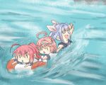  3girls blue_hair closed_eyes commentary hair_ornament hair_ribbon hand_wave i-168_(kantai_collection) i-19_(kantai_collection) i-58_(kantai_collection) innertube kantai_collection long_hair multiple_girls ocean pink_hair ponytail ribbon school_swimsuit short_hair smile swimming swimsuit taisa_(kari) triangle_mouth twintails waving |_| 