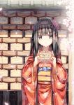  1girl 90i black_eyes black_hair hair_ornament hairband japanese_clothes kimono long_hair looking_at_viewer original parted_lips solo translation_request 