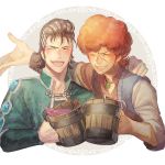  2boys afro beer_mug black_hair capelet closed_eyes favaro_leone friends fujino_ko hair_ornament hairclip kaisar_lidfald lowres multiple_boys pompadour redhead scar shingeki_no_bahamut shingeki_no_bahamut:_genesis short_hair smile 