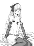  1boy androgynous bikini_top crossdressinging elbow_gloves gloves hairband lieqi_hun long_hair male_focus moire monochrome navel original simple_background sitting solo thigh-highs trap very_long_hair white_background 