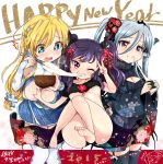  2015 3girls blonde_hair blue_eyes breast_grab breasts chopsticks cleavage cleavage_cutout cross demon_horns demon_tail food girl_sandwich grin happy_new_year heterochromia highres horns kamiya_zuzu kotoyoro large_breasts looking_at_viewer mochi mouth_hold multiple_girls new_year one_eye_closed open-chest_sweater original panties purple_hair red_eyes ribbed_sweater sandwiched silver_hair smile sweater tail thigh-highs translated turtleneck twintails underwear violet_eyes wagashi white_legwear wings 
