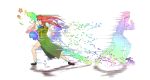  2girls afterimage attack aura battle beret blue_eyes bow braid breasts chinese_clothes commentary_request dual_persona emphasis_lines fighting_stance full_body hat highres hong_meiling katsuko_wi_wi large_breasts legs long_hair looking_back multiple_girls puffy_short_sleeves puffy_sleeves rainbow_order red_eyes redhead shoes short_sleeves side_slit simple_background socks star thighs touhou twin_braids white_background 
