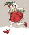  1girl :d ahoge airplane alternate_costume coat horns kantai_collection long_hair mittens moca_blanc northern_ocean_hime open_mouth orange_eyes running scarf smile snowing solo white_hair white_skin winter_clothes winter_coat 