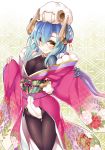  1girl blue_hair bodysuit horns japanese_clothes kimono long_hair obi original pantyhose sash sheep yellow_eyes yuu_(amadoki) 