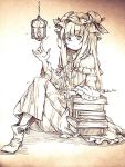  1girl artist_name book book_stack bow crescent hair_bow hat lamp long_hair monochrome patchouli_knowledge ribbon sketch solo touhou traditional_media wadante 