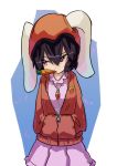  1girl animal_ears black_hair carrot carrot_necklace contemporary food_in_mouth hashiro hoodie inaba_tewi rabbit_ears red_eyes short_hair solo touhou 