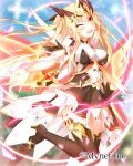  1girl ;d black_legwear blonde_hair blush breasts detached_sleeves falkyrie_no_monshou leg_up long_hair navel official_art one_eye_closed open_mouth smile solo takanashie thigh-highs wings yellow_eyes 