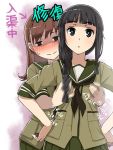  2girls :&gt; :&lt; bangs black_eyes black_hair blunt_bangs blush braid breast_grab brown_eyes brown_hair full-face_blush green_skirt hands_on_hips itou_(onsoku_tassha) kantai_collection kitakami_(kantai_collection) long_hair looking_at_viewer motion_lines multiple_girls neckerchief ooi_(kantai_collection) pleated_skirt sailor_collar school_uniform serafuku single_braid skirt sweat white_background yuri 