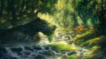  commentary fantasy forest god moss nature no_humans original outdoors plant river rock scales scenery signature sunlight tortoise tree turtle vines water you_(shimizu) 