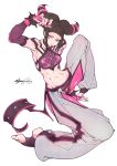  1girl barefoot black_hair fingerless_gloves fishine gloves han_juri midriff navel pink_eyes solo street_fighter street_fighter_iv 