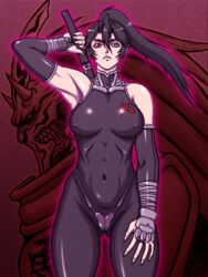  1girl bare_shoulders black_hair bodysuit breasts closed_mouth commentary_request covered_navel covered_nipples fingernails gauntlets high_ponytail highres impossible_bodysuit impossible_clothes kaen long_hair magatama ninja panties_over_bodysuit ponytail red_eyes red_lips scar scar_across_eye scar_on_face sengoku_blade single_bang sword sword_on_back weapon weapon_on_back 