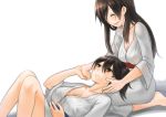  2girls akagi_(kantai_collection) black_hair breasts brown_eyes cleavage closed_eyes collarbone cradling_head hands_together japanese_clothes kaga_(kantai_collection) kantai_collection knees_touching large_breasts light_smile long_hair looking_at_another looking_down looking_up lying_on_lap lying_on_person multiple_girls seiza side_ponytail simple_background sitting smile white_background whitecat417 yuri 