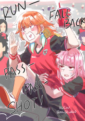  2026_fifa_world_cup 2girls absurdres arm_around_another's_waist austrian_national_soccer_team_uniform black_shorts blunt_bangs constricted_pupils drink earrings feather_earrings feathers highres holding holding_drink hololive hololive_english jewelry mori_calliope multiple_girls orange_hair pink_hair red_eyes red_shirt shirt shorts takanashi_kiara world_cup xu_chin-wen 