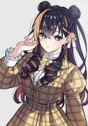  1girl :< absurdres alternate_costume anchor_earrings asymmetrical_bangs black_hair blonde_streaks blue_eyes bow bowtie braid cheese closed_mouth colored_inner_hair commentary curled_fingers double-parted_bangs double_bun dress_shirt drill_hair earrings empire_waist english_commentary food food-themed_hair_ornament frilled_sleeves frills hair_behind_ear hair_between_eyes hair_bow hair_bun hair_ornament hand_up high-waist_dress highres ive_(iveith) jewelry lapels long_hair long_sleeves looking_at_viewer multicolored_hair nail_polish nijisanji nijisanji_en petra_gurin puffy_long_sleeves puffy_sleeves shirt side_braid simple_background solo streaked_hair twin_drills two-tone_hair upper_body virtual_youtuber white_background white_bow white_shirt yellow_bow yellow_bowtie yellow_nails 