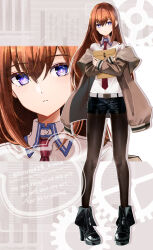  1girl arm_strap belt black_boots black_pantyhose blue_eyes boots brown_hair brown_jacket closed_mouth collared_shirt commentary_request full_body hair_between_eyes highres holding jacket kuuma25_kuma light_blush long_hair looking_at_viewer makise_kurisu necktie off_shoulder open_clothes open_jacket pantyhose portrait red_necktie science_adventure shirt short_shorts shorts steins;gate strap twitter_username watermark white_belt white_shirt 