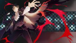  1boy black_hair black_pants black_vest cape ensemble_stars! hand_up hasumi_keito highres irus_inaiyo jewelry long_sleeves looking_at_viewer male_focus necklace pants ring shirt standing torn_cape torn_clothes vest white_shirt yellow_eyes 