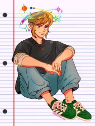  1boy alternate_costume alternate_universe blonde_hair blue_eyes casual comet commentary contemporary earth_(planet) green_shoes highres in_orbit link mochiwei notebook_paper pants planet procreate_(medium) shirt shoelaces shoes short_hair sitting smile sneakers space sweater the_legend_of_zelda triforce wariza 