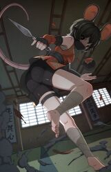  1girl animal_ears ass bandaged_leg bandages banner black_eyes black_shorts bomb breasts ceiling chest_sarashi commentary english_commentary explosive fingerless_gloves floor from_below full_body gloves highres holding holding_kunai holding_weapon indoors japanese_clothes kimono kunai leaning_forward leg_up mask medium_breasts medium_hair mouse_ears mouse_girl mouse_tail mouth_mask nail_polish ninja orange_hair orange_sleeves original sarashi scar scar_on_shoulder serious short_shorts shorts sleeveless sleeveless_kimono smoke solo tail tenescross thigh_strap toenail_polish toenails torn_clothes tria_qwerty weapon window 