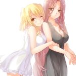  2girls blonde_hair breasts brown_eyes dress fairy_tail flare_corona large_breasts lucy_heartfilia multiple_girls redhead simple_background strib_und_werde white_background 