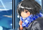  1girl amagami black_hair blush brown_eyes coat murasaki_iro nanasaki_ai plaid scarf short_hair solo window 