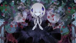  1girl abstract_background absurdres alternate_costume black_dress cevio circle_skirt closed_mouth commentary_request doll_joints dress expressionless eye_in_hair falling_petals feet_out_of_frame hair_over_shoulder half-closed_eyes hands_up highres joints kafu_(cevio) kamitsubaki_studio long_hair looking_at_viewer low_twintails own_hands_together pale_skin petals pillar puffy_short_sleeves puffy_sleeves samejima_nurie short_sleeves solo standing twintails white_hair yellow_eyes 
