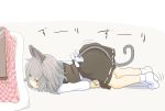  1girl =_= animal_ears bangs blush_stickers capelet closed_eyes crawling from_side full_body grey_hair ishikkoro kotatsu long_sleeves mouse_ears mouse_tail nazrin short_hair simple_background socks solo table tail touhou 