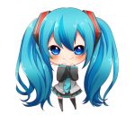  1girl blue_eyes blush chibi hatsune_miku long_hair looking_at_viewer necktie simple_background skirt smile solo thigh-highs twintails very_long_hair vocaloid white_background yomiron zettai_ryouiki 