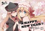  2girls black_dress blonde_hair blue_eyes bow capelet dress dual_persona happy_new_year hat hat_bow holding_hands interlocked_fingers lily_black lily_white long_hair long_sleeves multiple_girls new_year pink_dress pink_eyes smile touhou translated wide_sleeves yutamaro 